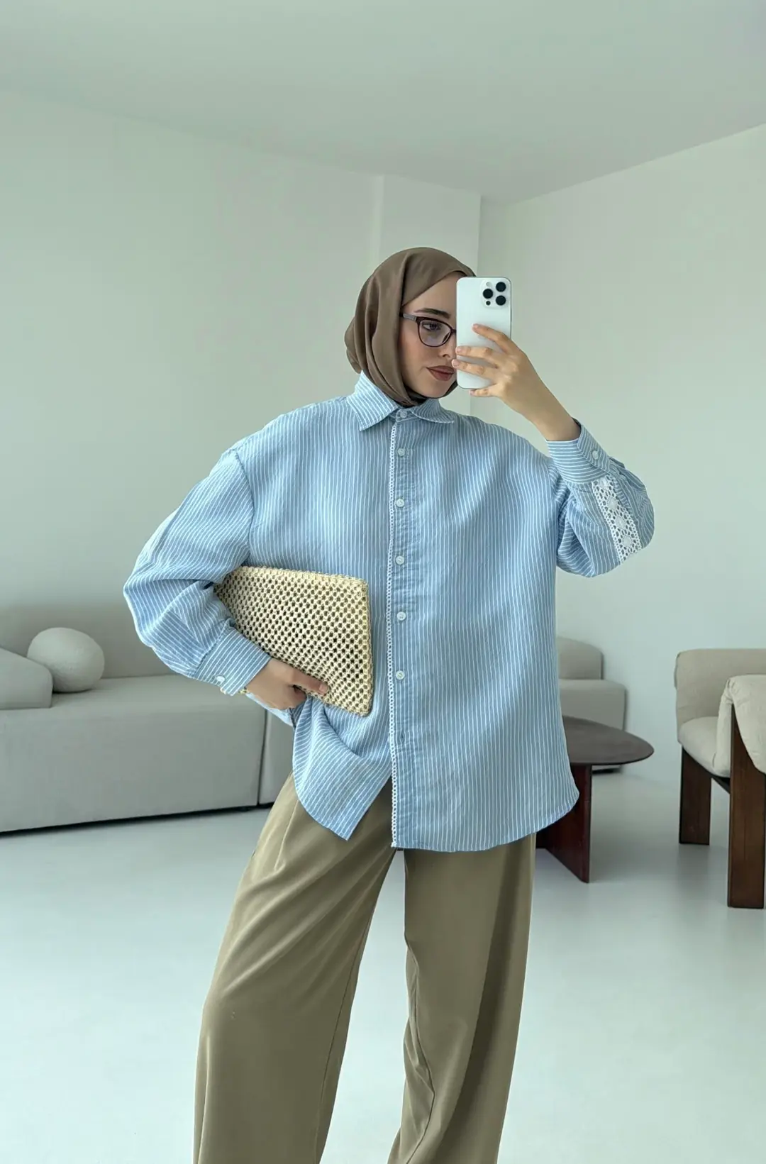 Çizgili Dantel Detay Gömlek Mavi - Görsel 6