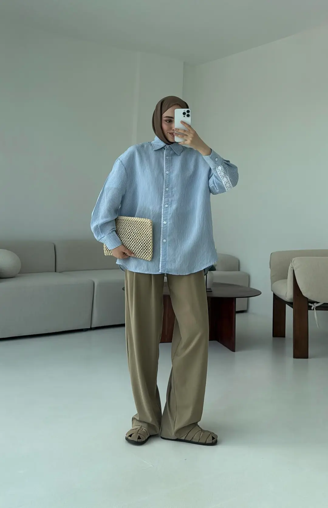 Çizgili Dantel Detay Gömlek Mavi - Görsel 7