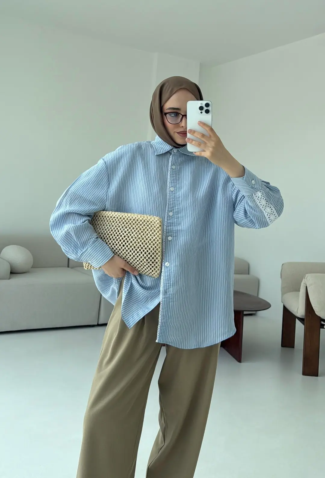 Çizgili Dantel Detay Gömlek Mavi - Görsel 8