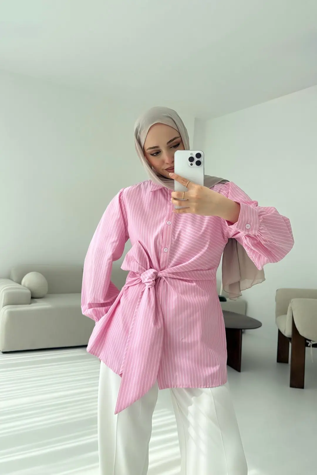 Çizgili Detaylı Gömlek Pembe - Görsel 4