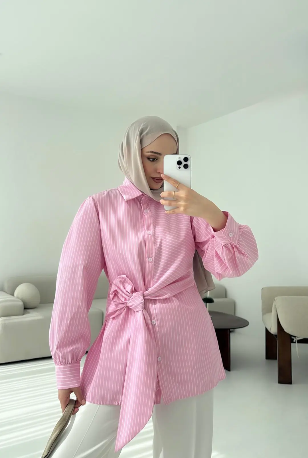 Çizgili Detaylı Gömlek Pembe - Görsel 6