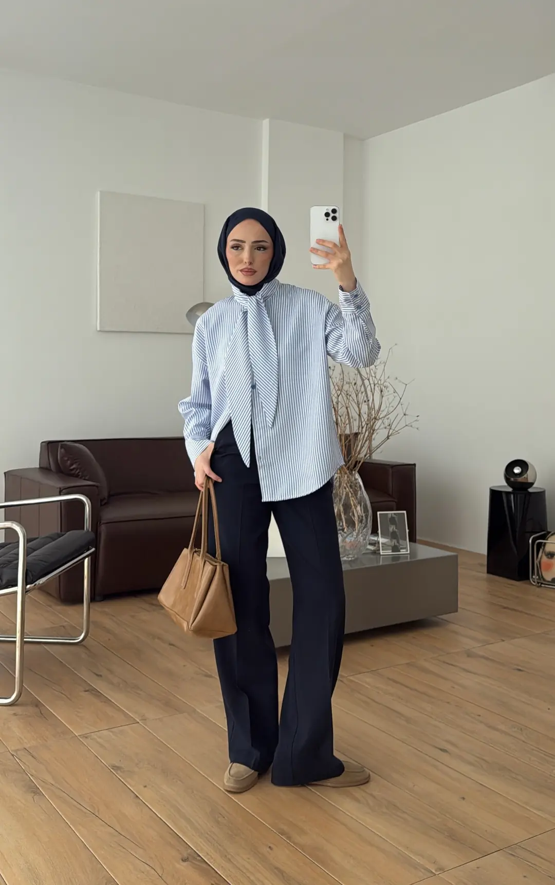 Çizgili Fular Detay Gömlek Mavi