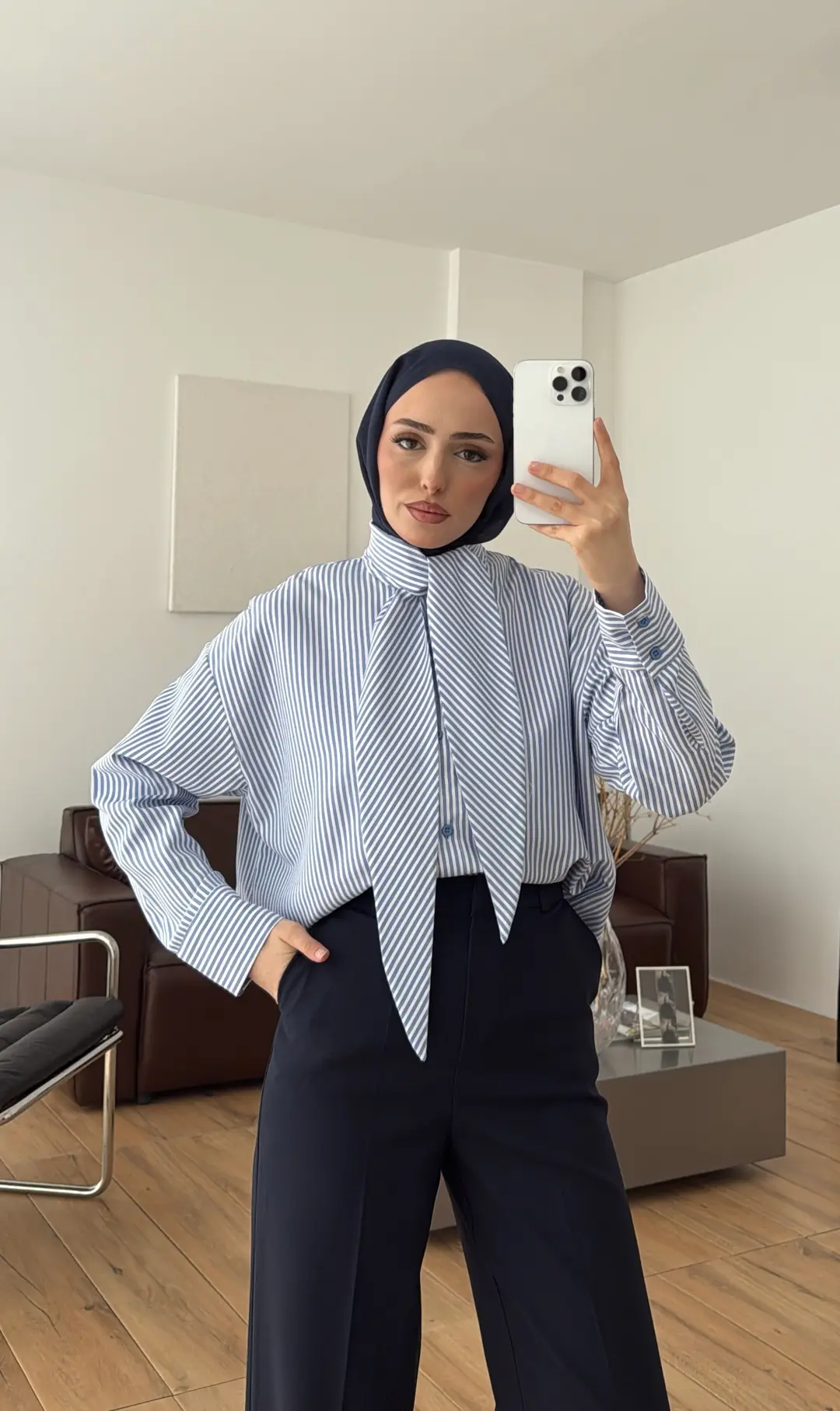 Çizgili Fular Detay Gömlek Mavi - Görsel 3