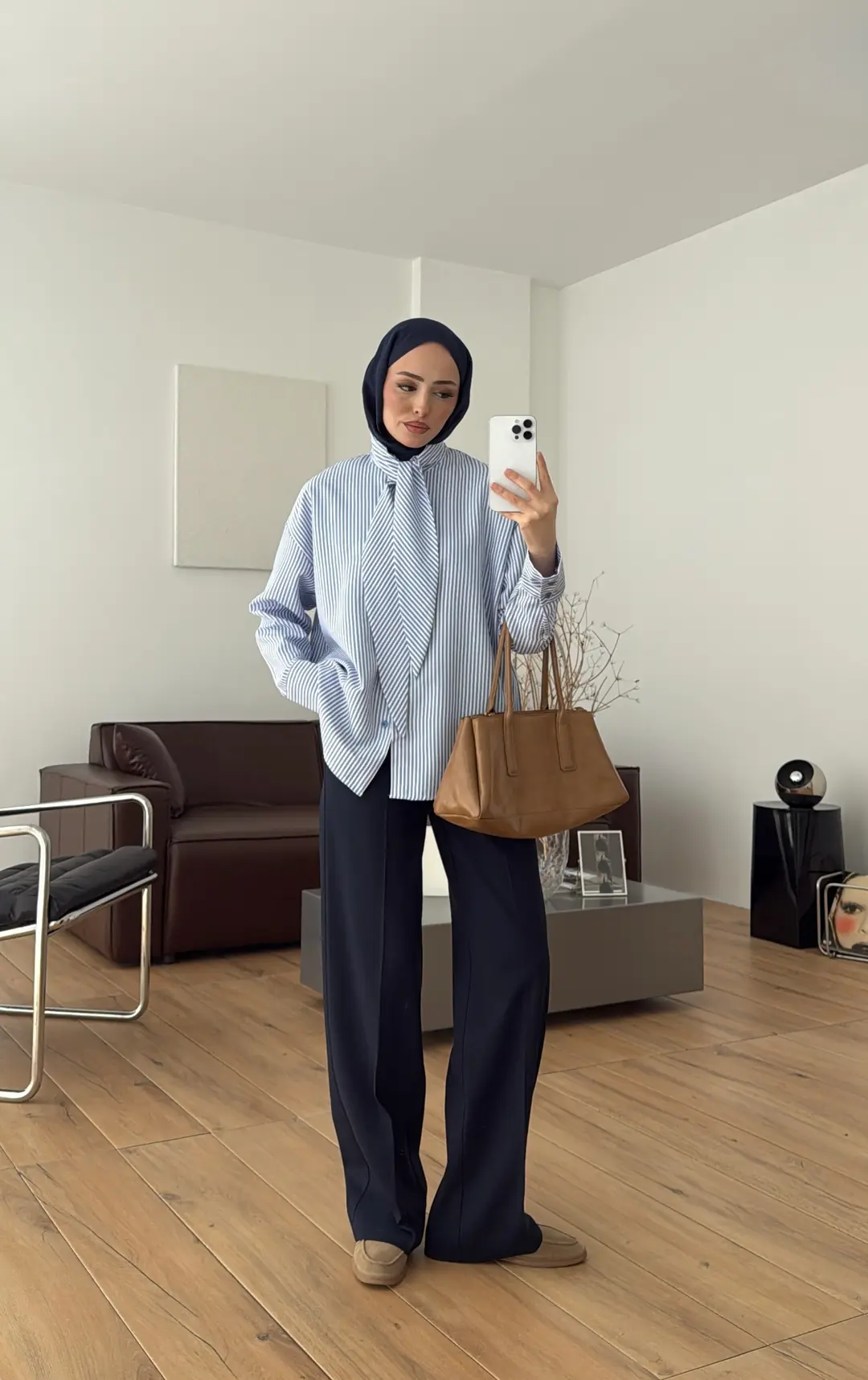 Çizgili Fular Detay Gömlek Mavi - Görsel 7