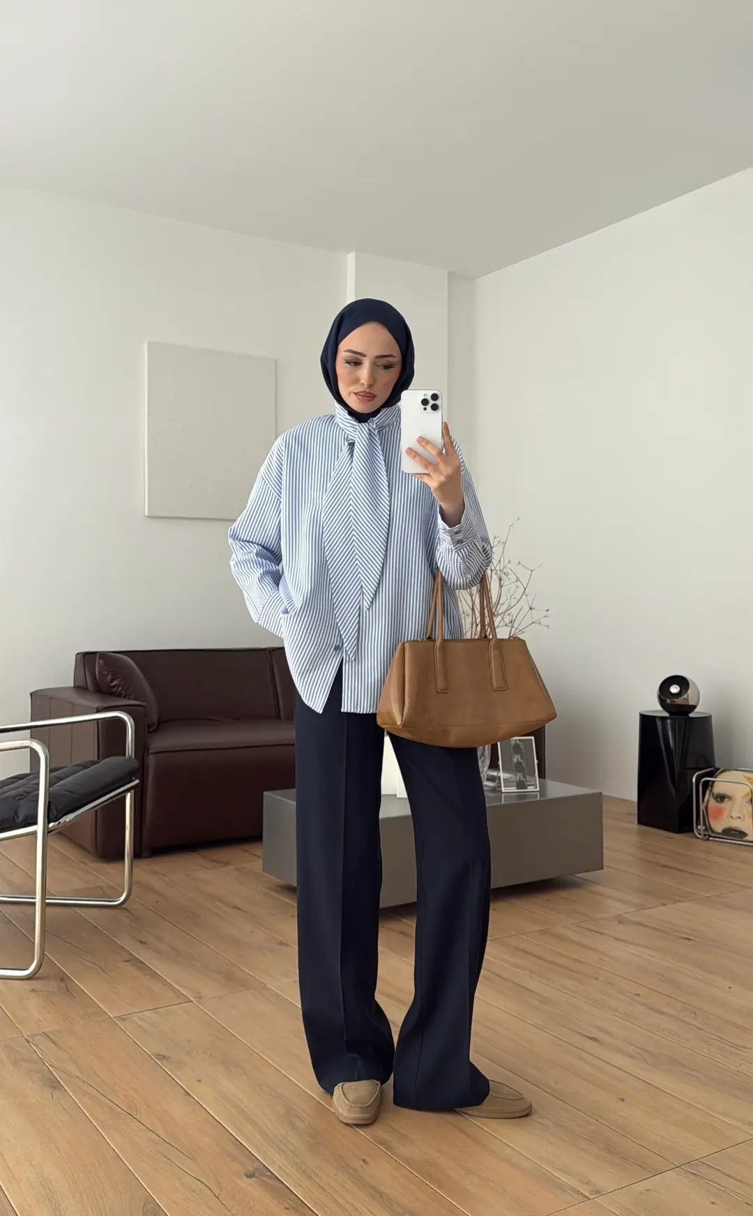 Çizgili Fular Detay Gömlek Mavi - Görsel 8