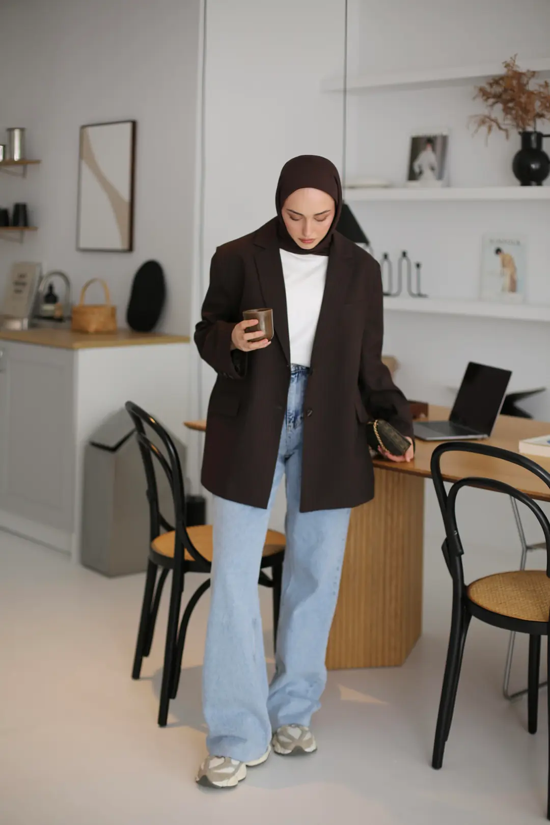 Çizgili Kahve Oversize Blazer Ceket
