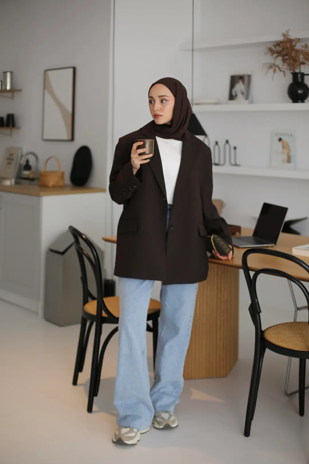 Çizgili Kahve Oversize Blazer Ceket - Görsel 2