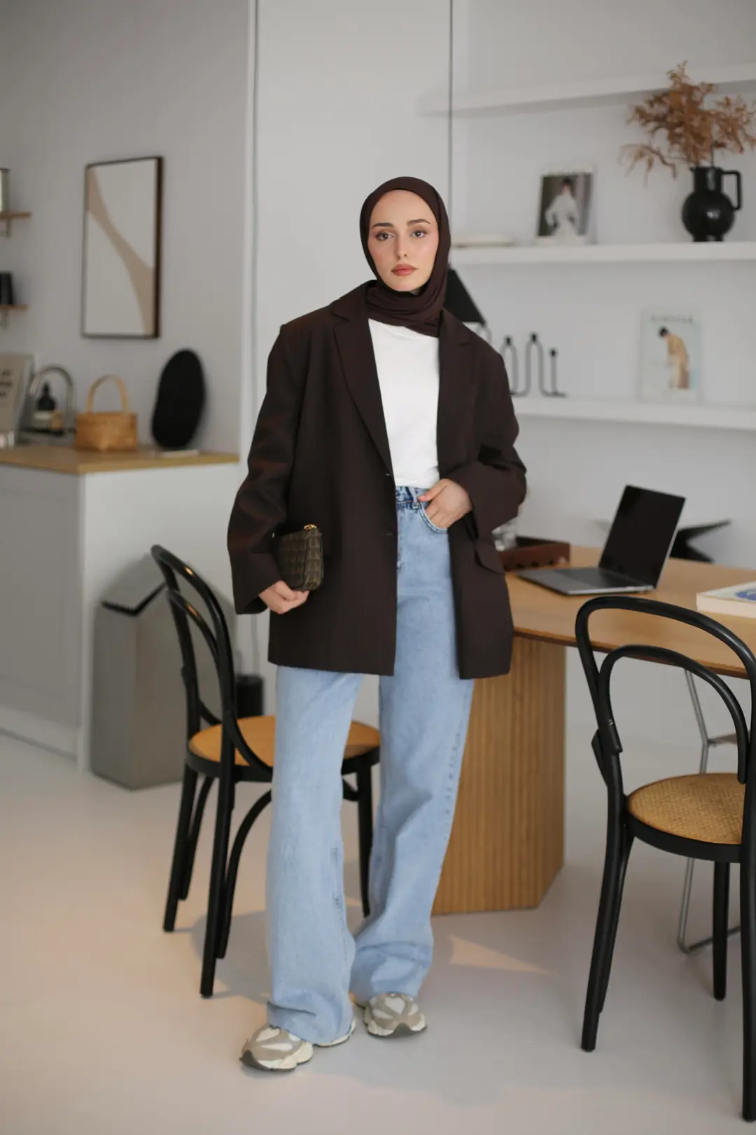 Çizgili Kahve Oversize Blazer Ceket - Görsel 3