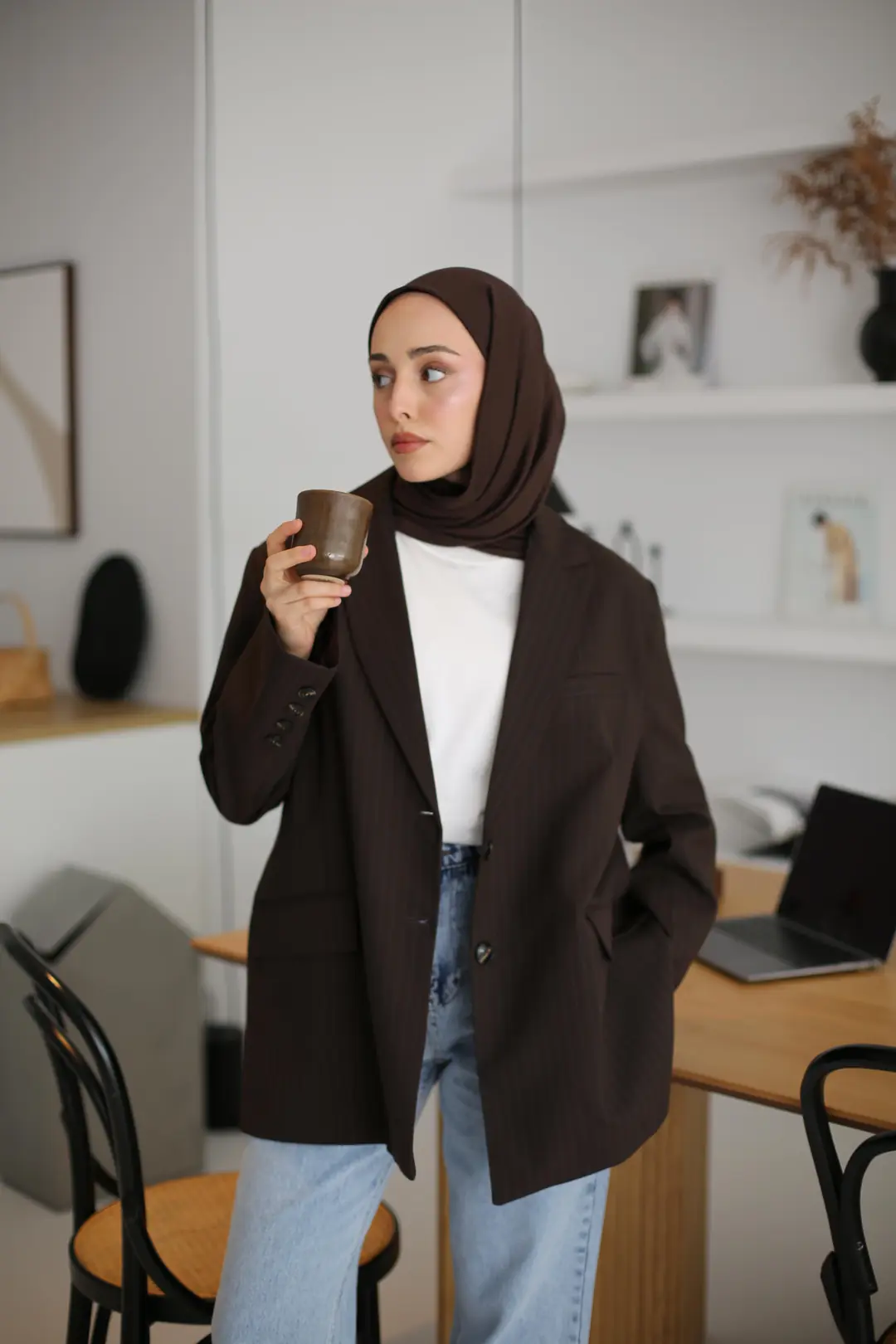 Çizgili Kahve Oversize Blazer Ceket - Görsel 6