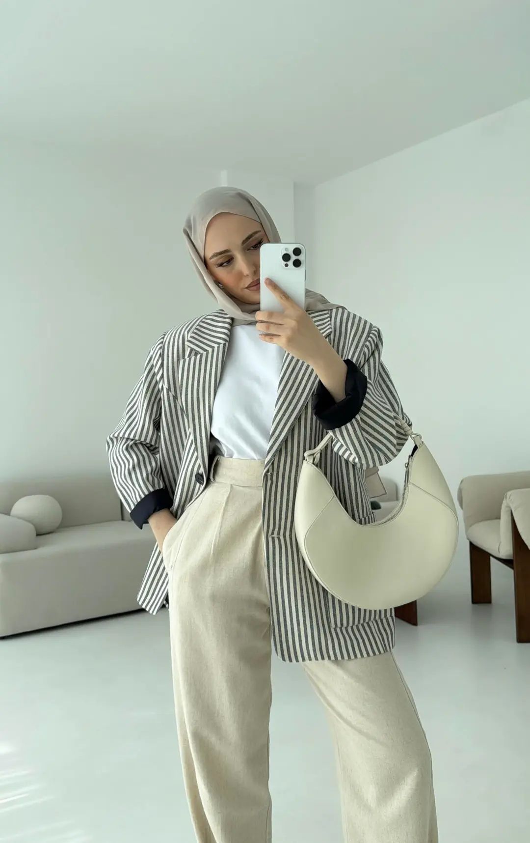 Çizgili Keten Lacivert Blazer Ceket - Görsel 3