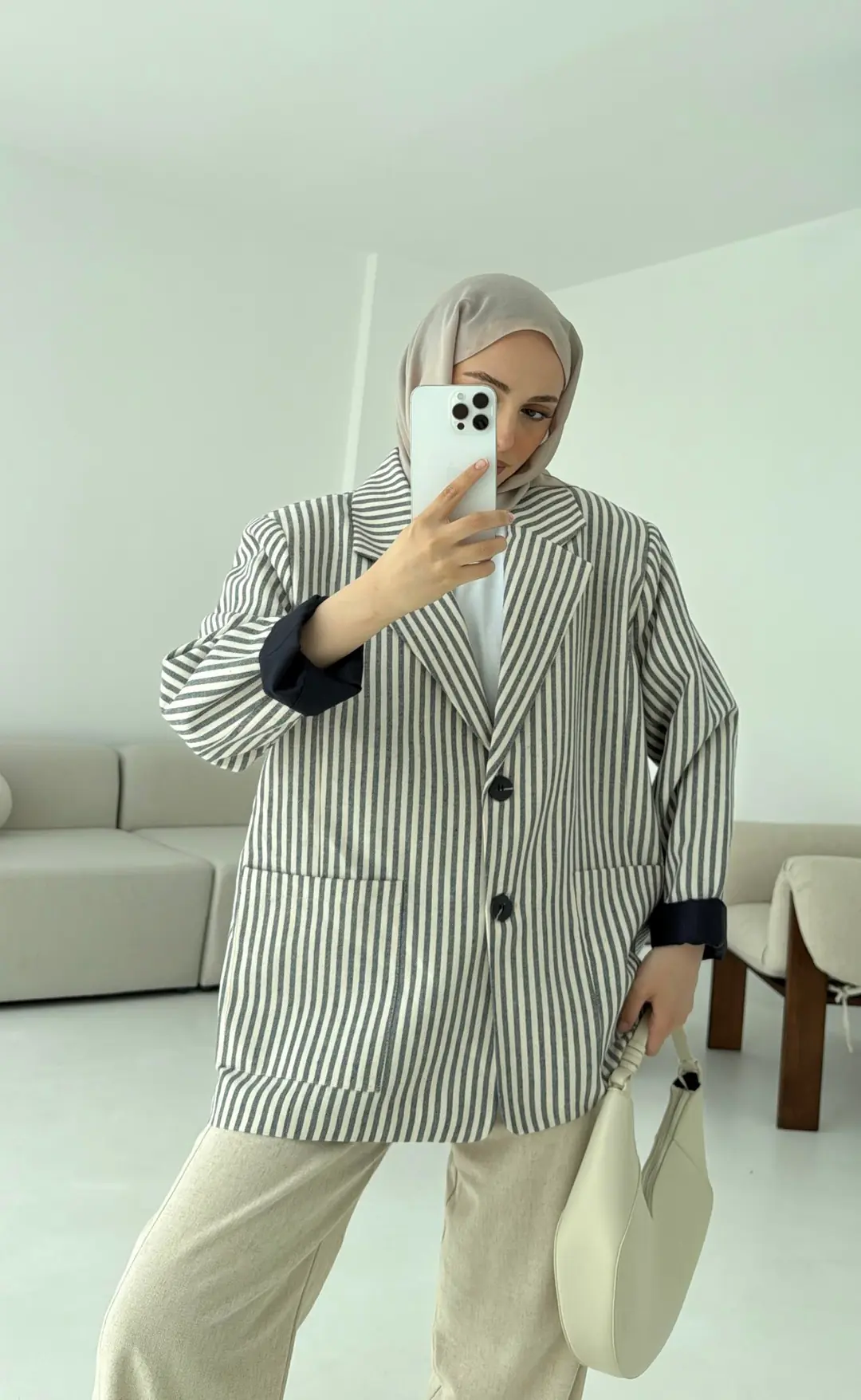 Çizgili Keten Lacivert Blazer Ceket - Görsel 4