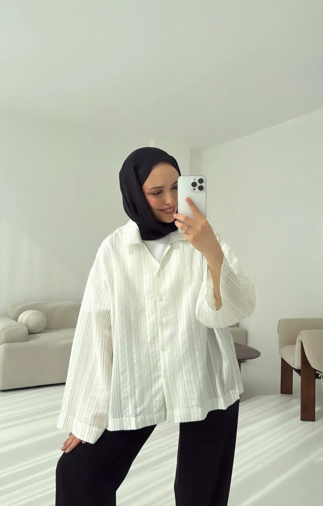 Çizgili Oversize Dökümlü Gömlek Beyaz