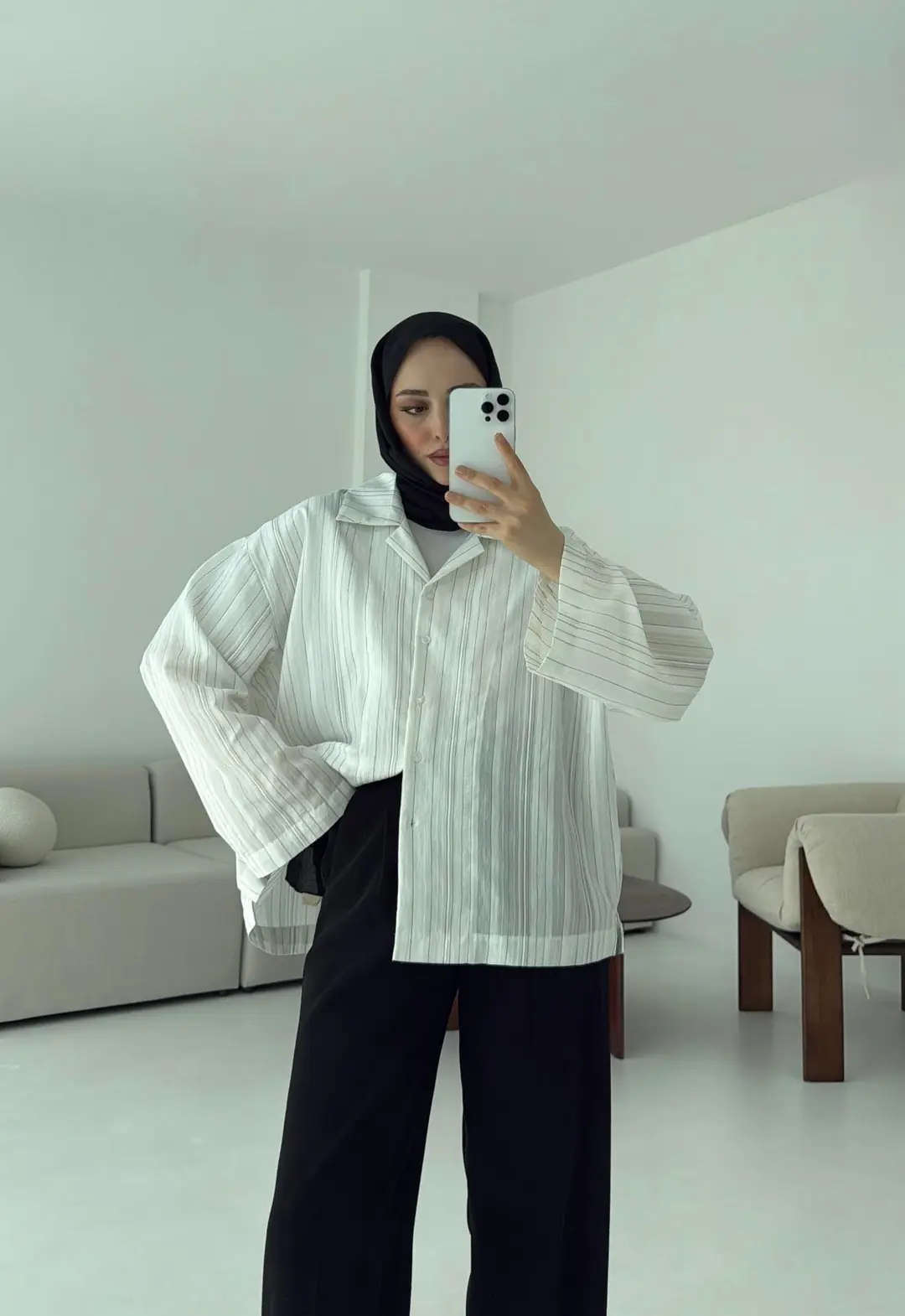 Çizgili Oversize Dökümlü Gömlek Beyaz - Görsel 5