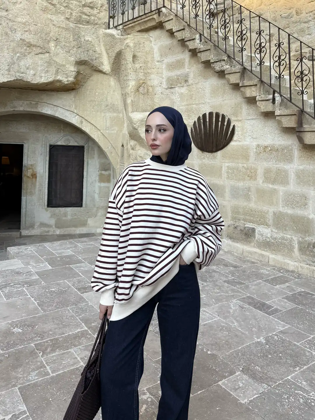 Çizgili Oversize Sweatshirt Bordo