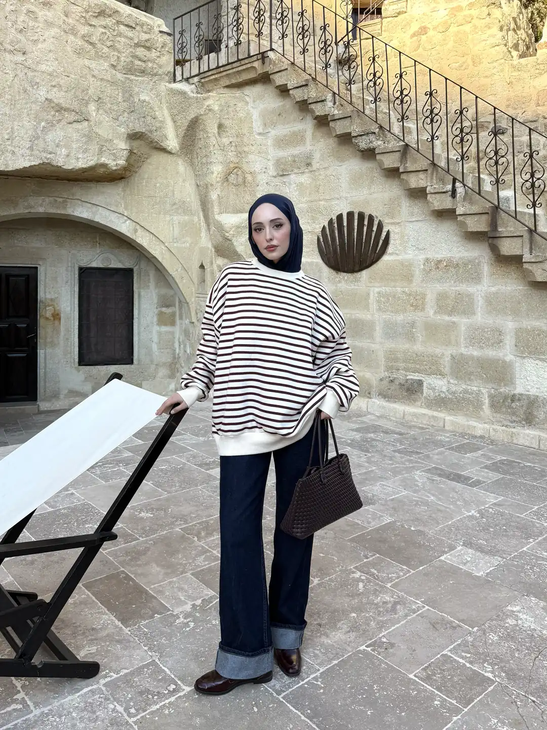 Çizgili Oversize Sweatshirt Bordo - Görsel 4