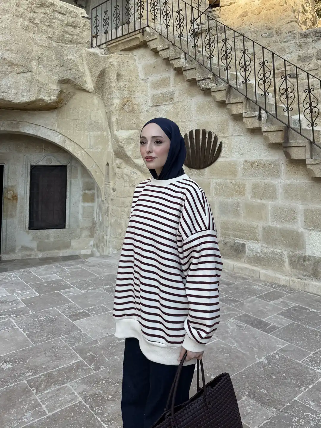 Çizgili Oversize Sweatshirt Bordo - Görsel 5