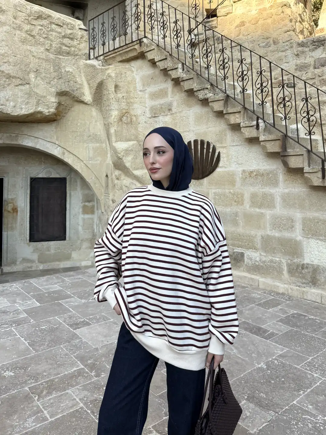 Çizgili Oversize Sweatshirt Bordo - Görsel 6