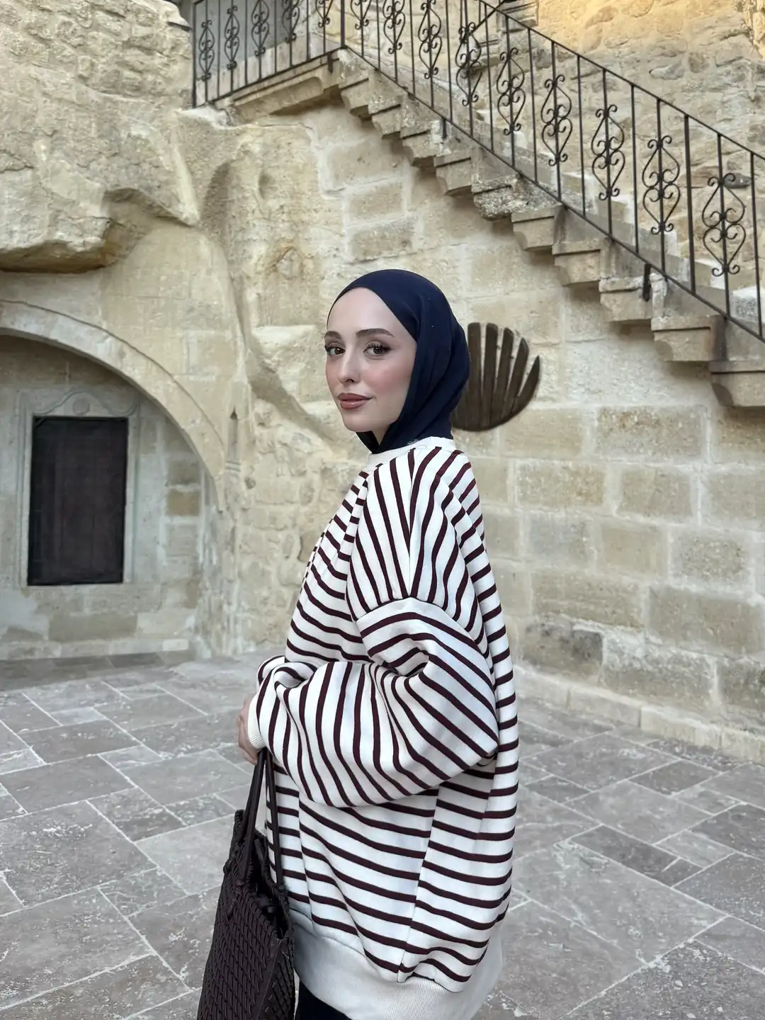 Çizgili Oversize Sweatshirt Bordo - Görsel 7