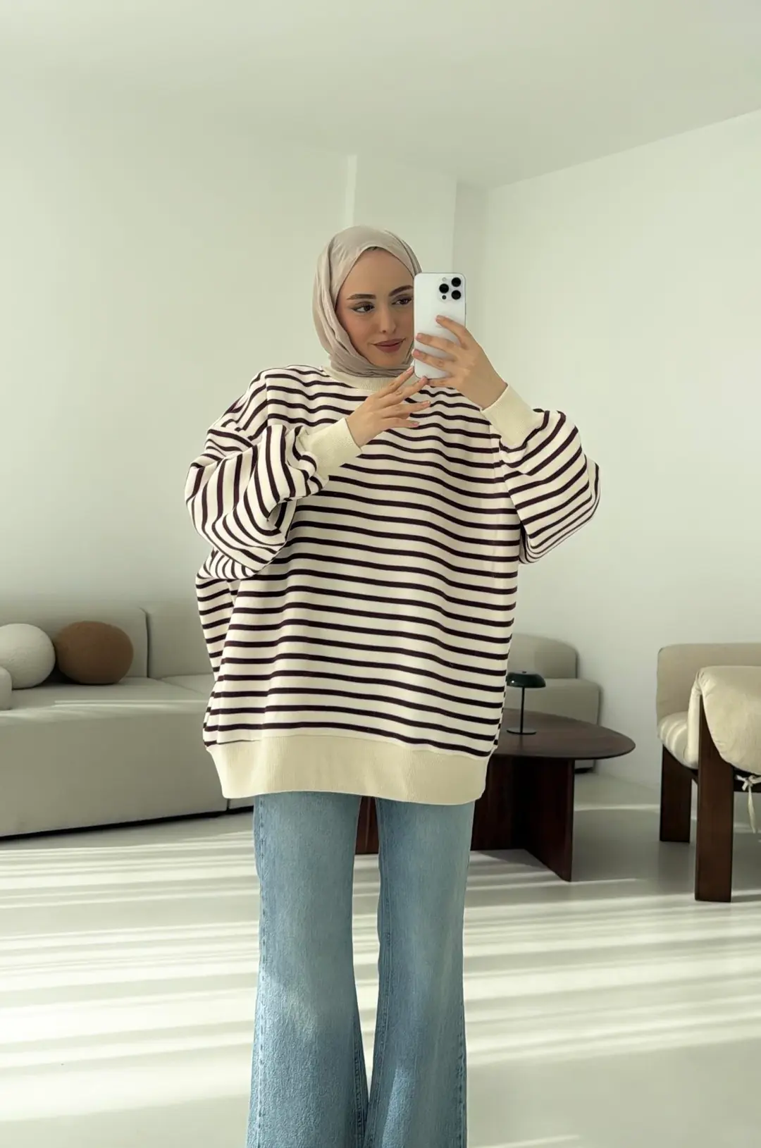 Çizgili Oversize Sweatshirt Bordo - Görsel 2