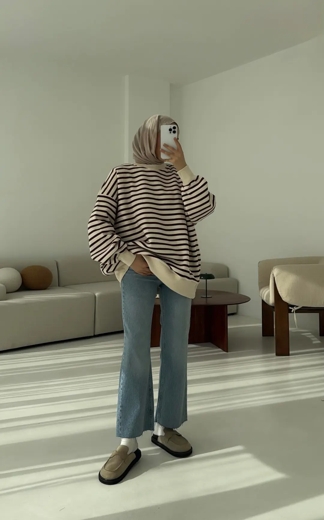 Çizgili Oversize Sweatshirt Bordo - Görsel 3