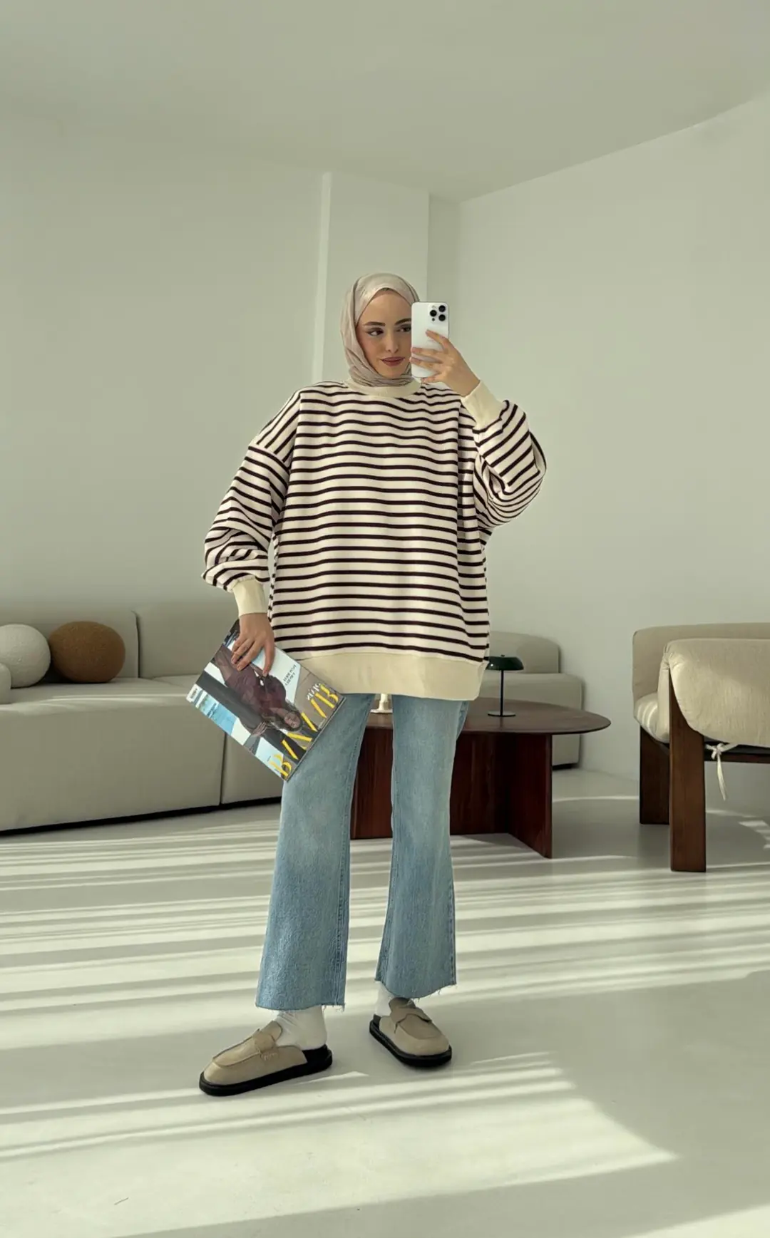 Çizgili Oversize Sweatshirt Bordo - Görsel 4