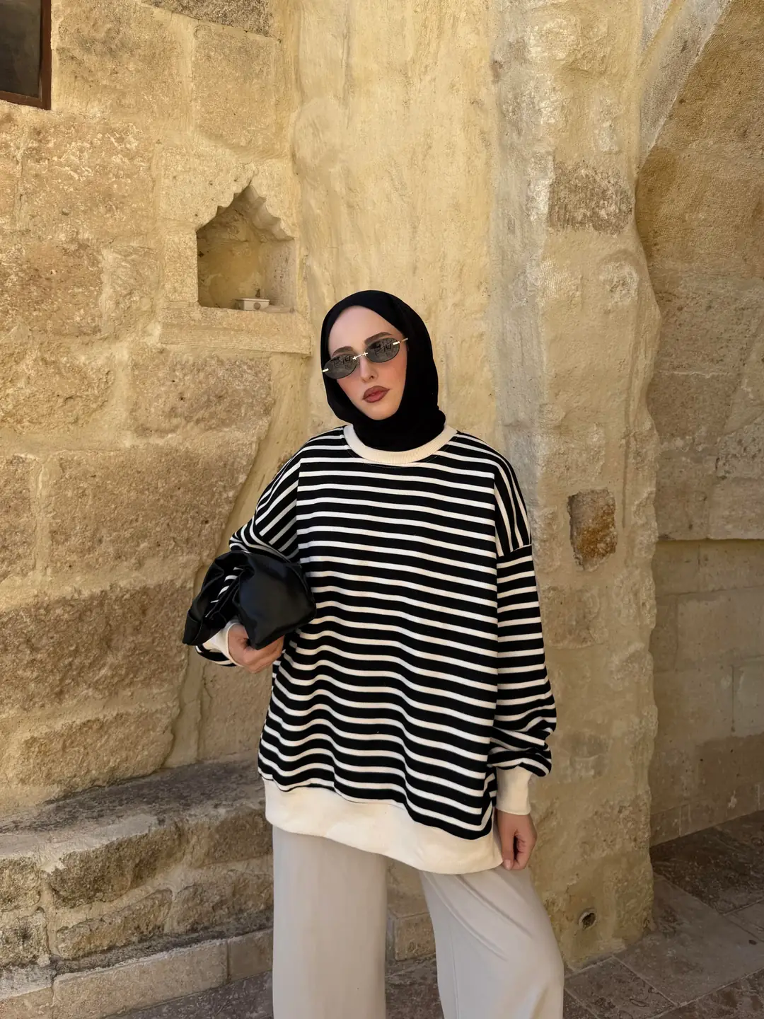 Çizgili Oversize Sweatshirt Ekru - Görsel 2