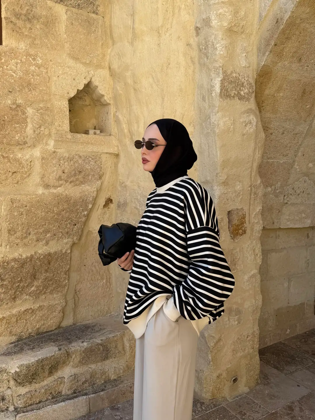 Çizgili Oversize Sweatshirt Ekru - Görsel 4