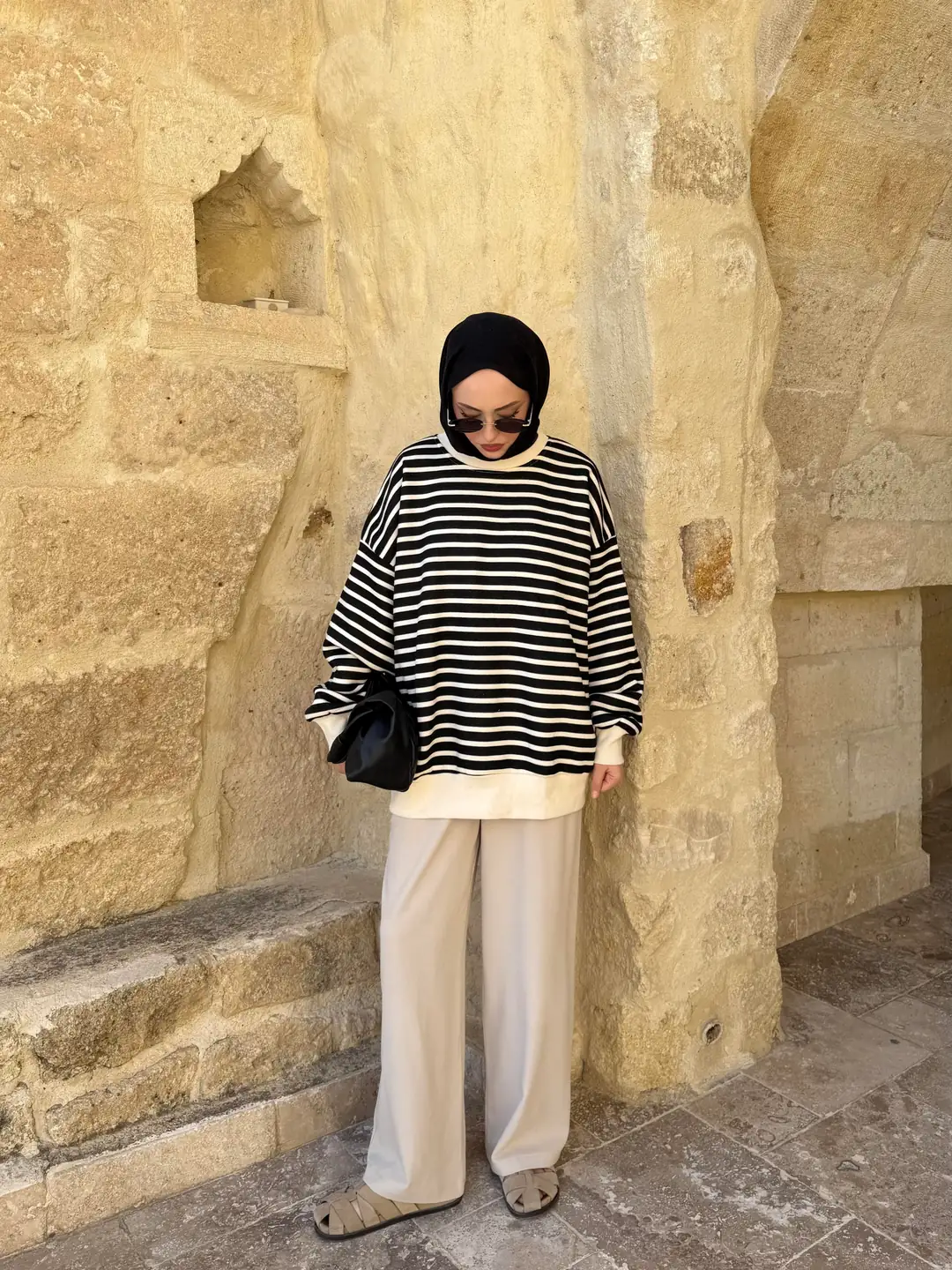 Çizgili Oversize Sweatshirt Ekru - Görsel 6