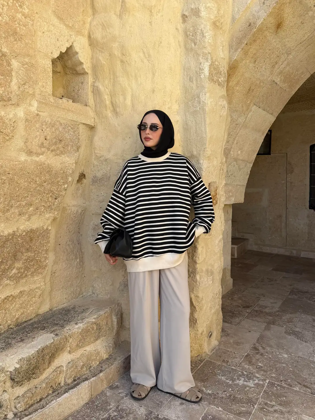 Çizgili Oversize Sweatshirt Ekru - Görsel 8