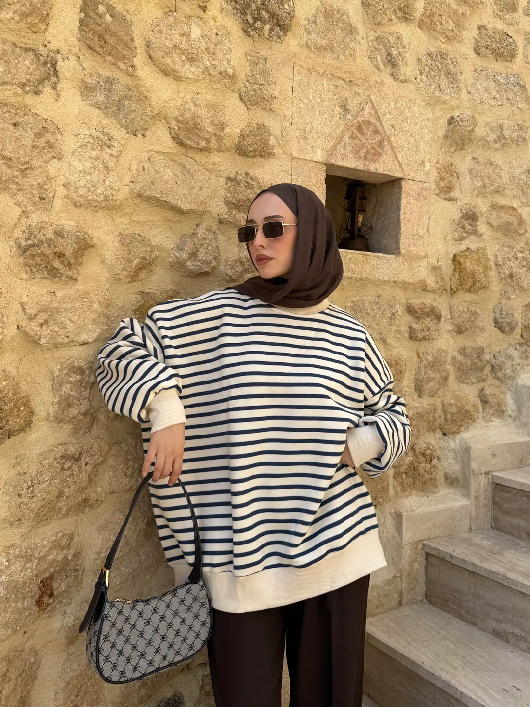 Çizgili Oversize Sweatshirt Lacivert