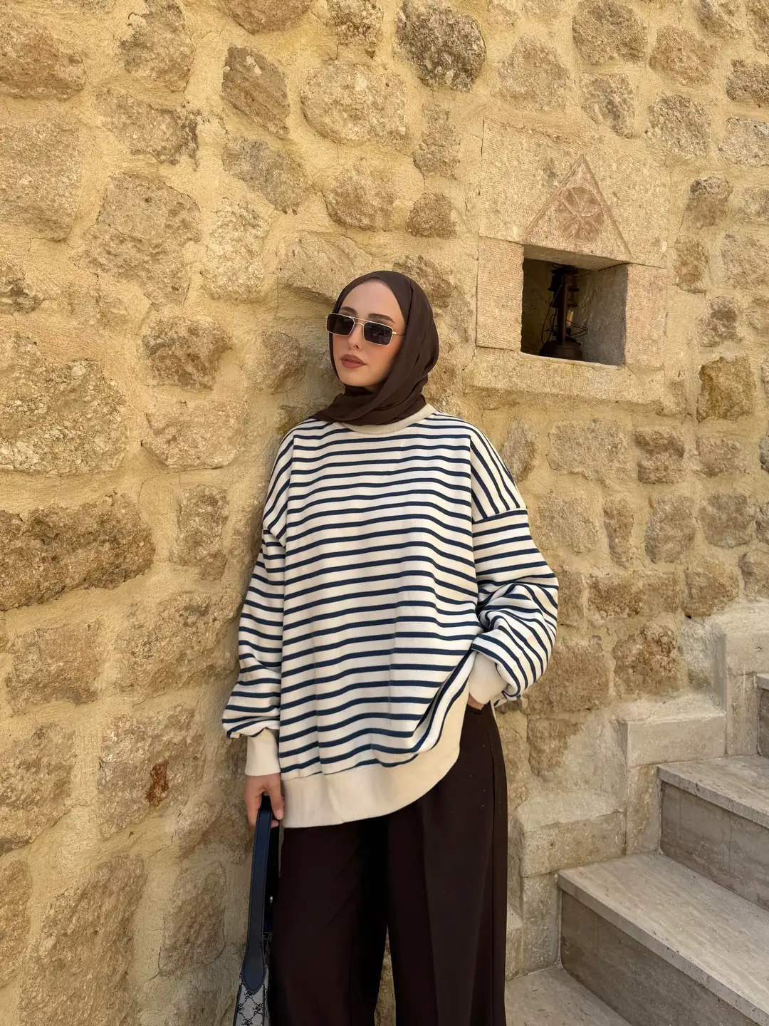 Çizgili Oversize Sweatshirt Lacivert - Görsel 3