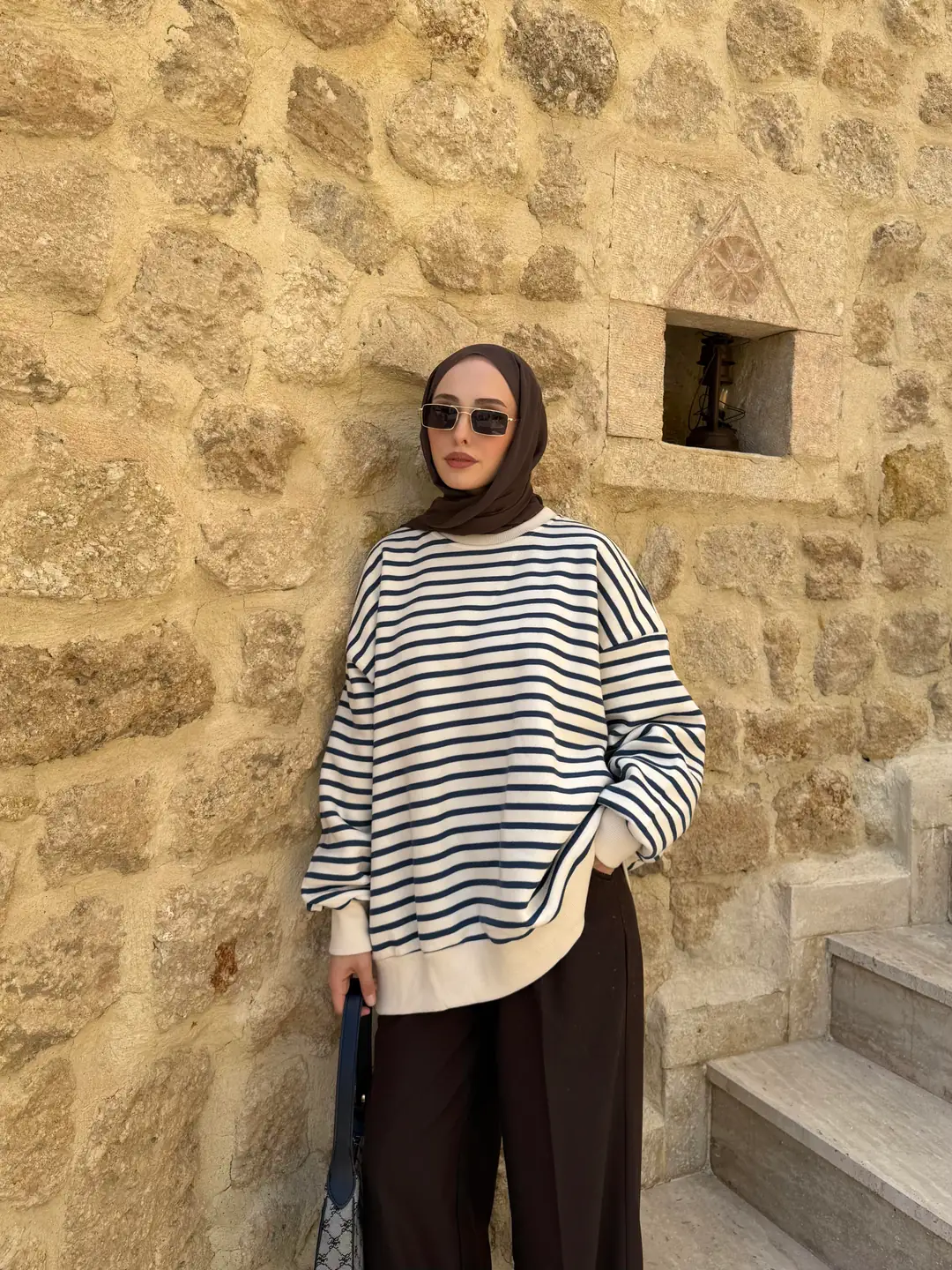 Çizgili Oversize Sweatshirt Lacivert - Görsel 4