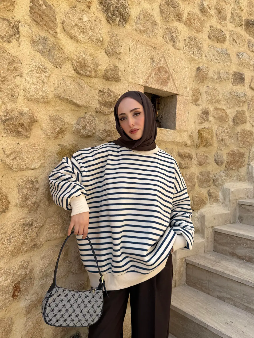 Çizgili Oversize Sweatshirt Lacivert - Görsel 6