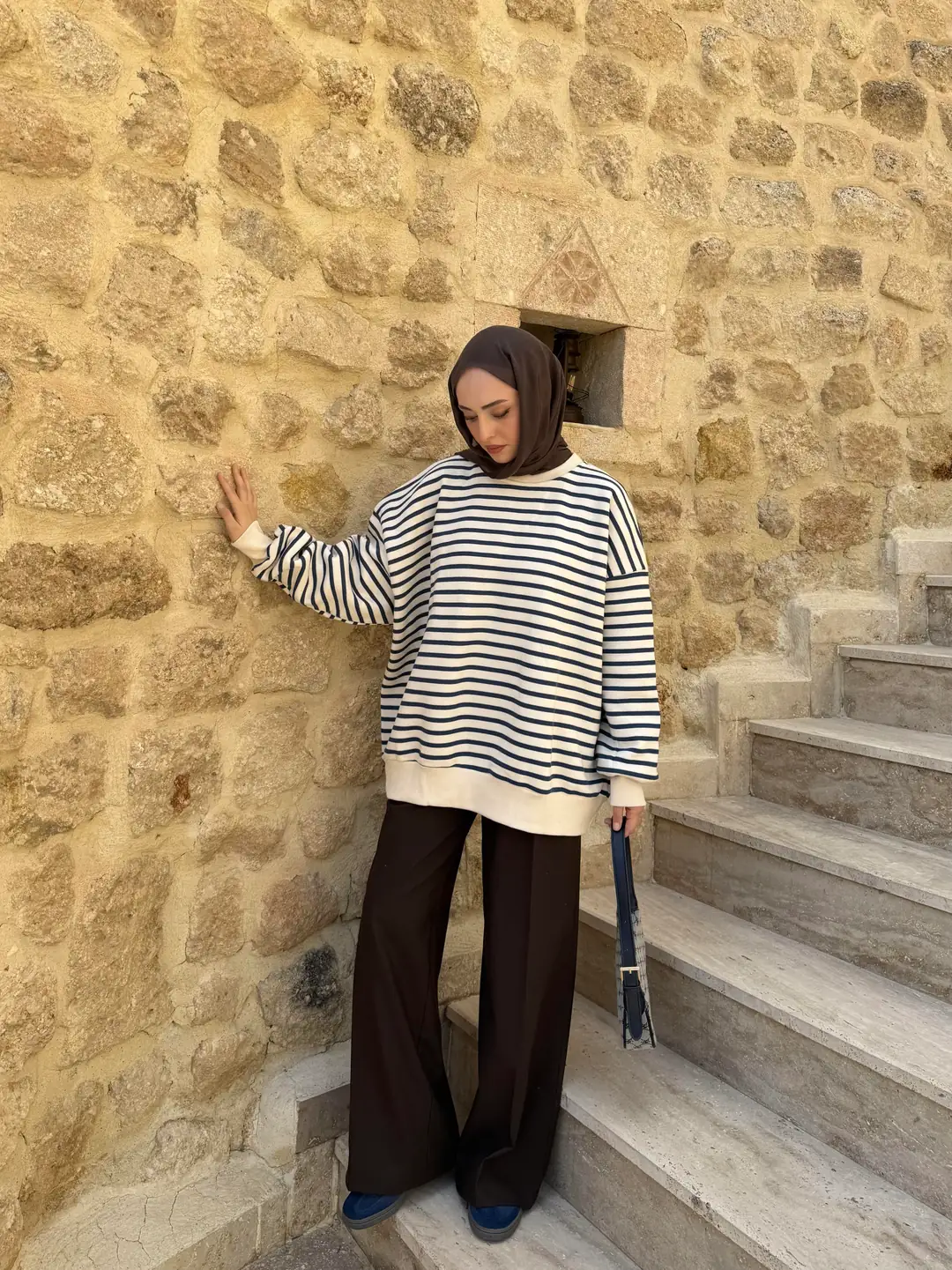 Çizgili Oversize Sweatshirt Lacivert - Görsel 7