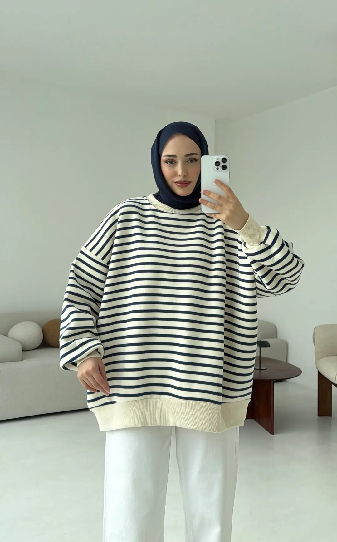 Çizgili Oversize Sweatshirt Lacivert - Görsel 3