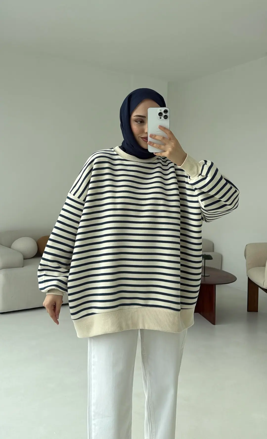 Çizgili Oversize Sweatshirt Lacivert - Görsel 4