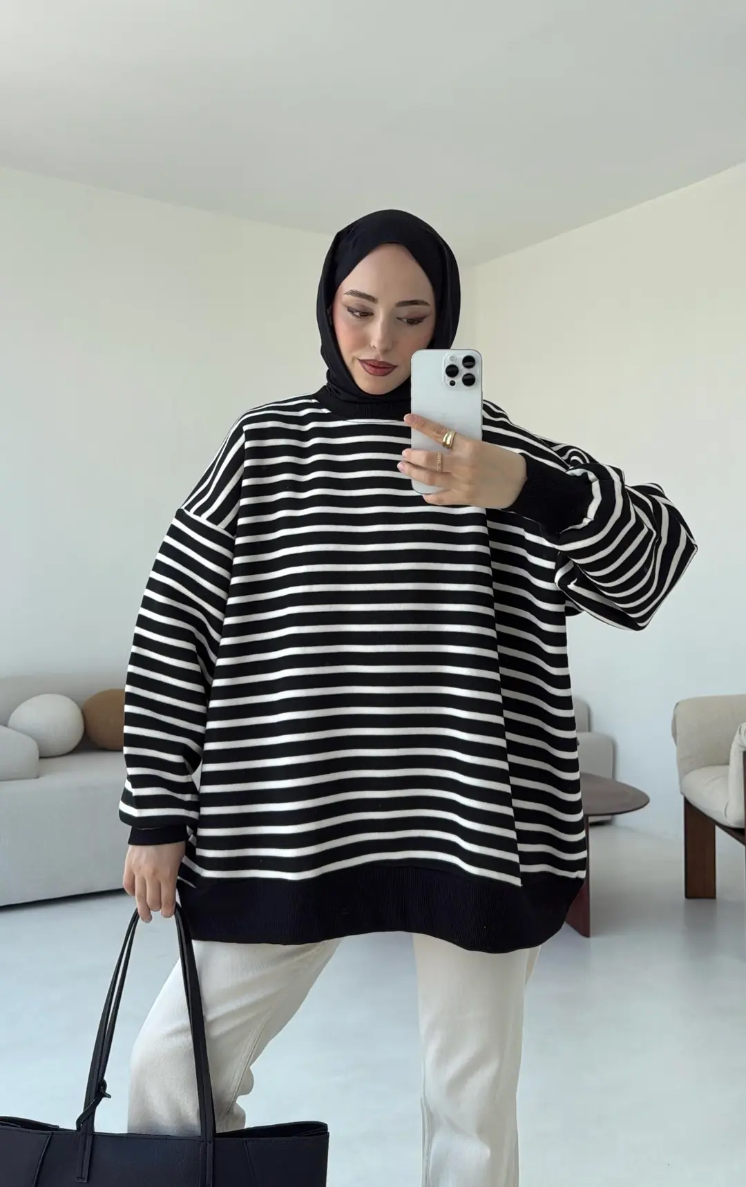 Çizgili Oversize Sweatshirt Siyah