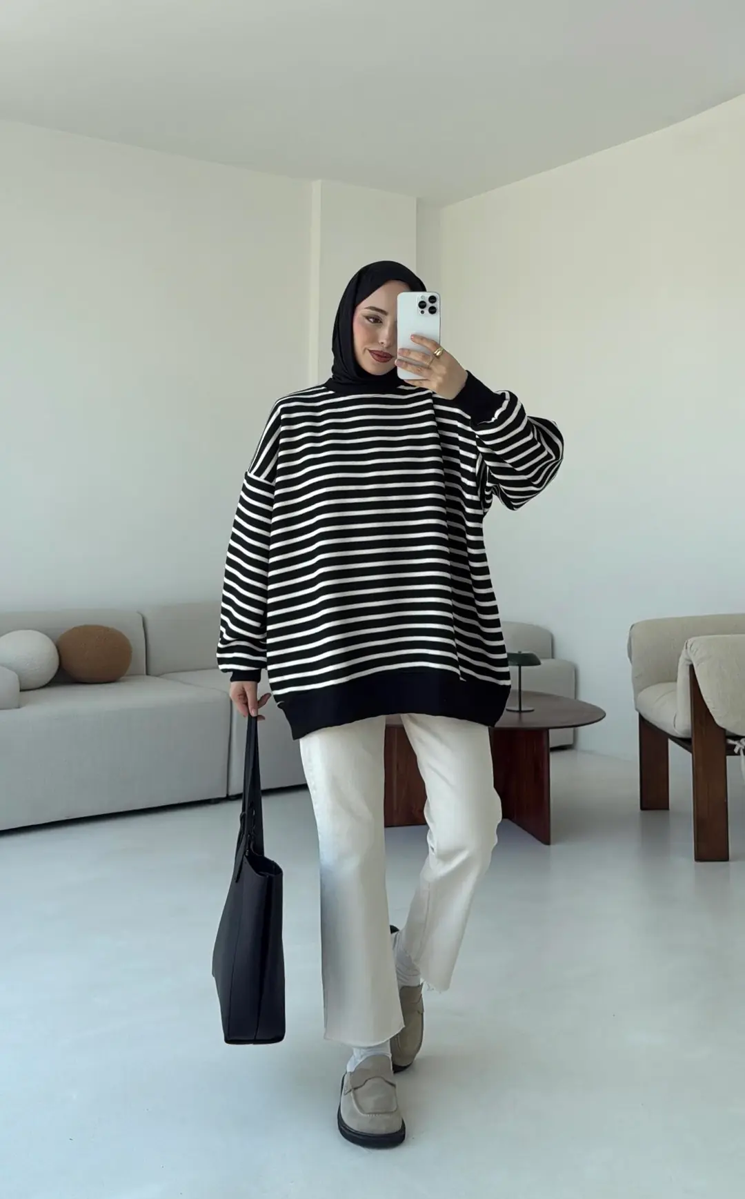 Çizgili Oversize Sweatshirt Siyah - Görsel 4