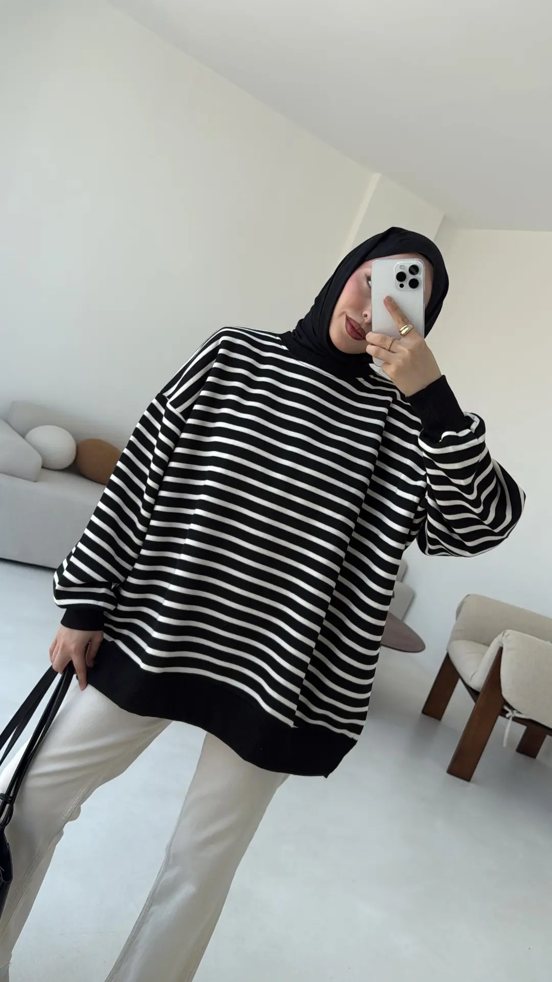 Çizgili Oversize Sweatshirt Siyah - Görsel 9