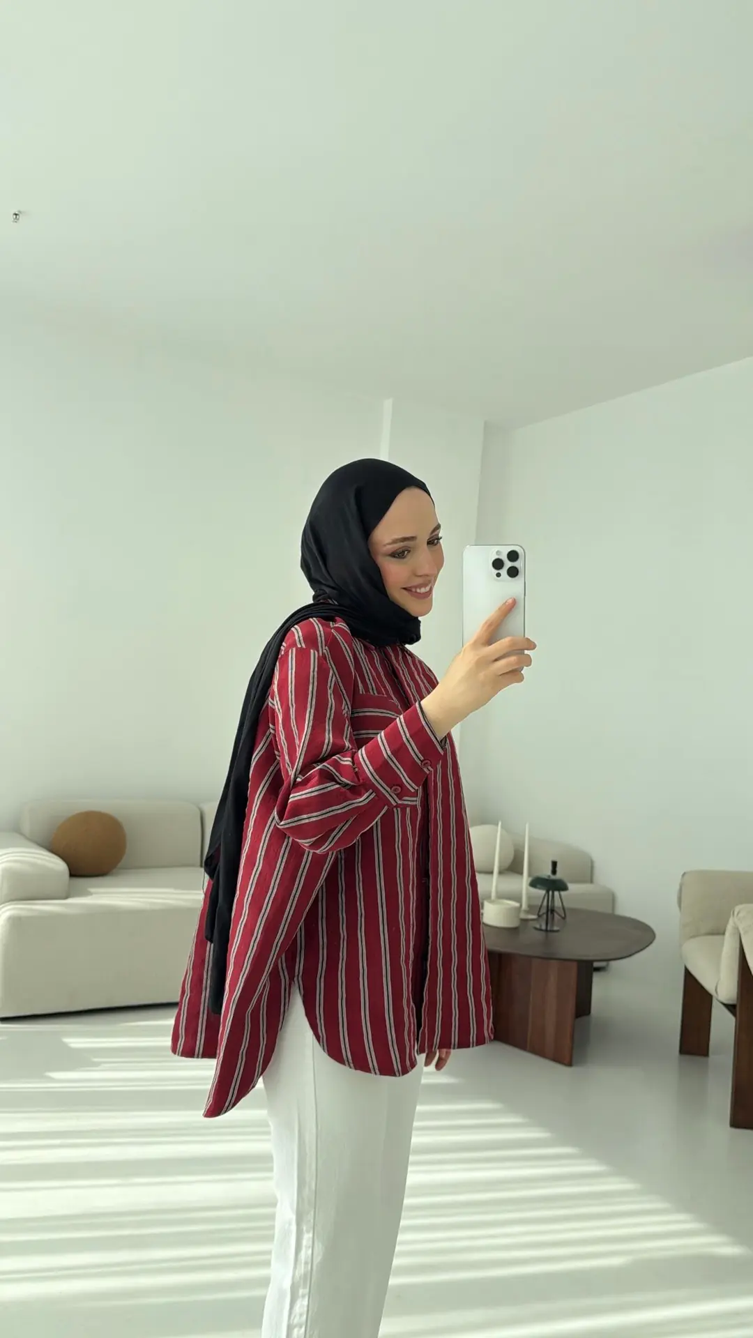 Çizgili Tek Cep Oversize Gömlek Bordo