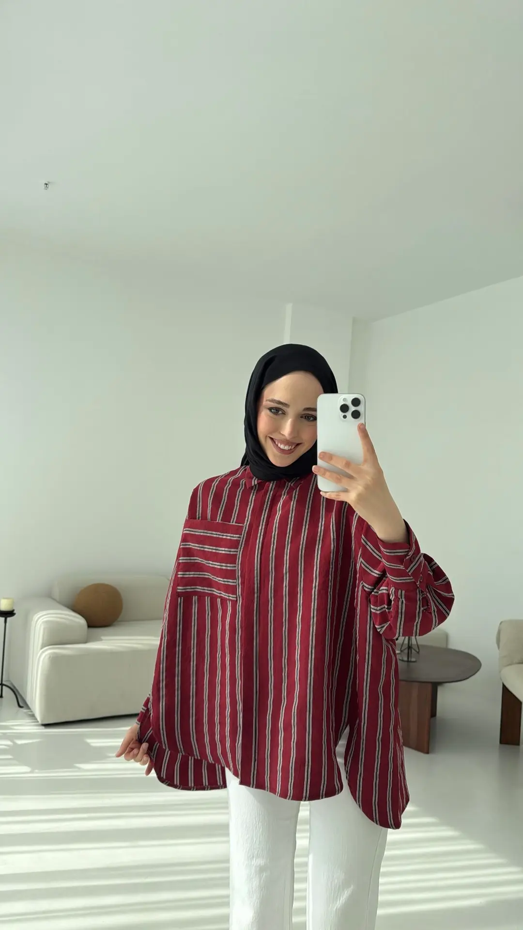 Çizgili Tek Cep Oversize Gömlek Bordo - Görsel 3