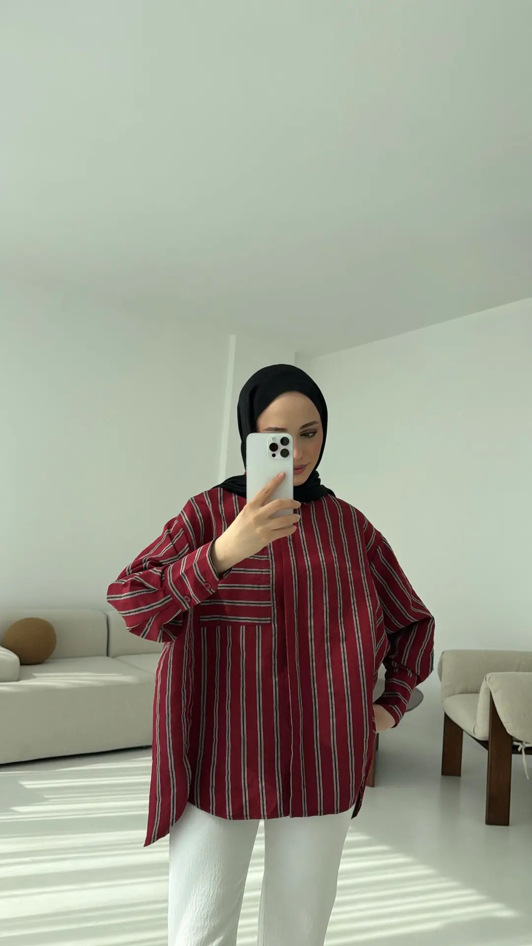 Çizgili Tek Cep Oversize Gömlek Bordo - Görsel 4