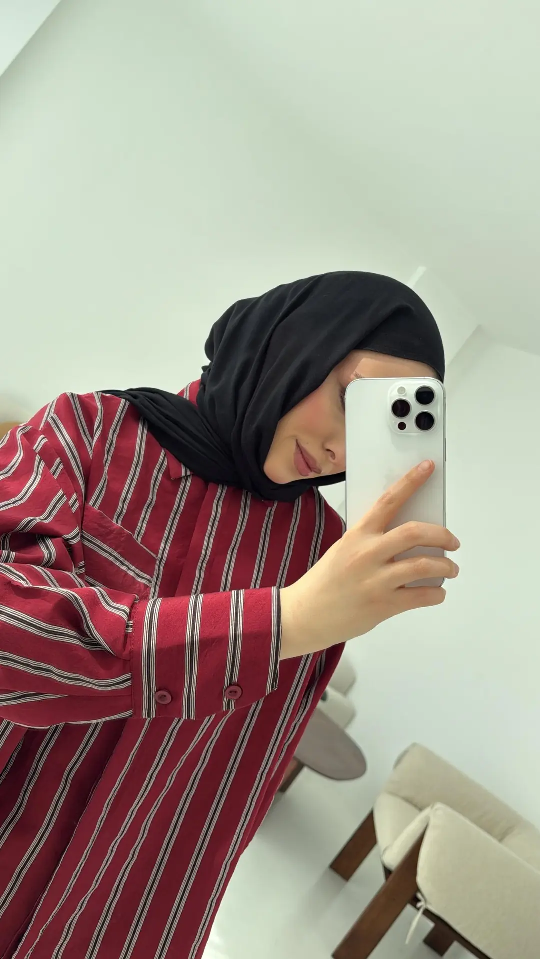 Çizgili Tek Cep Oversize Gömlek Bordo - Görsel 6