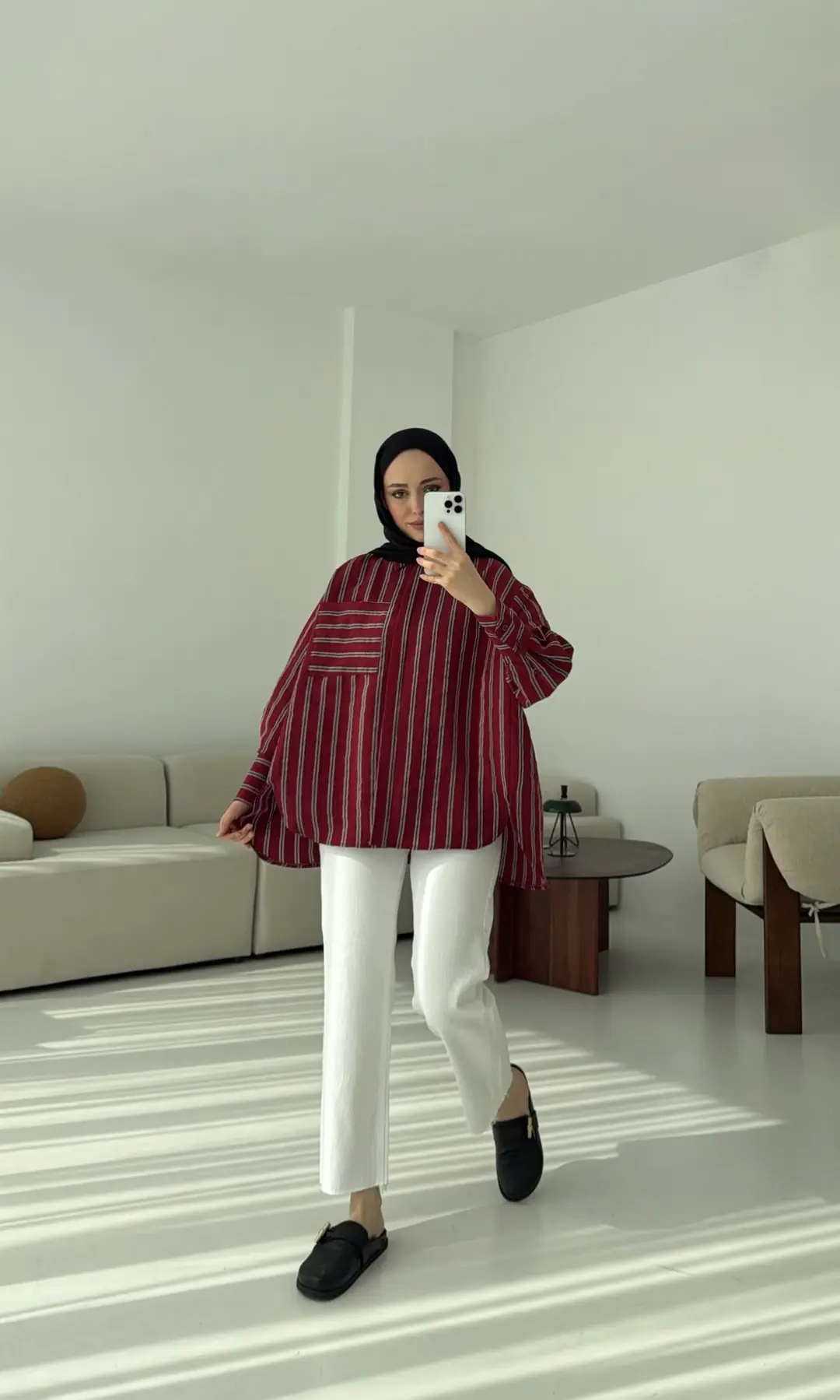 Çizgili Tek Cep Oversize Gömlek Bordo - Görsel 7