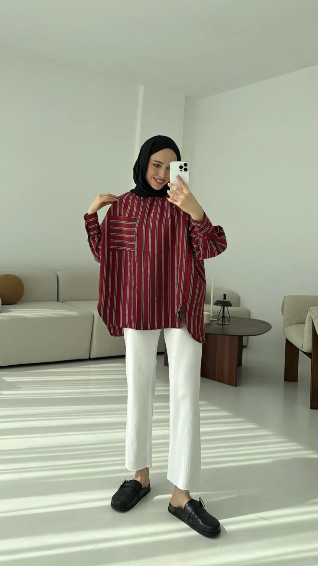 Çizgili Tek Cep Oversize Gömlek Bordo - Görsel 8