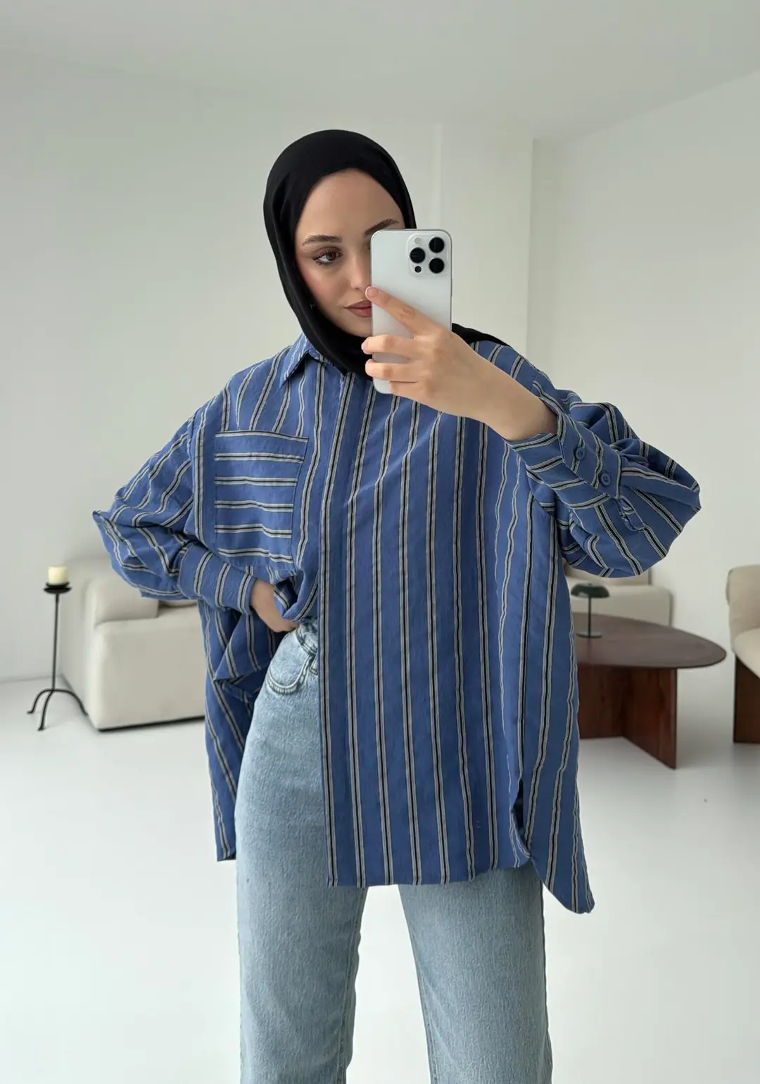 Çizgili Tek Cep Oversize Gömlek Lacivert - Görsel 3