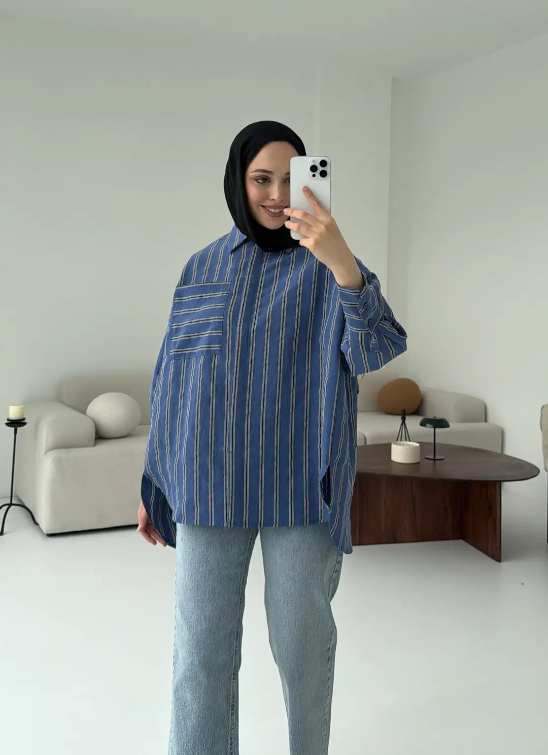 Çizgili Tek Cep Oversize Gömlek Lacivert - Görsel 4