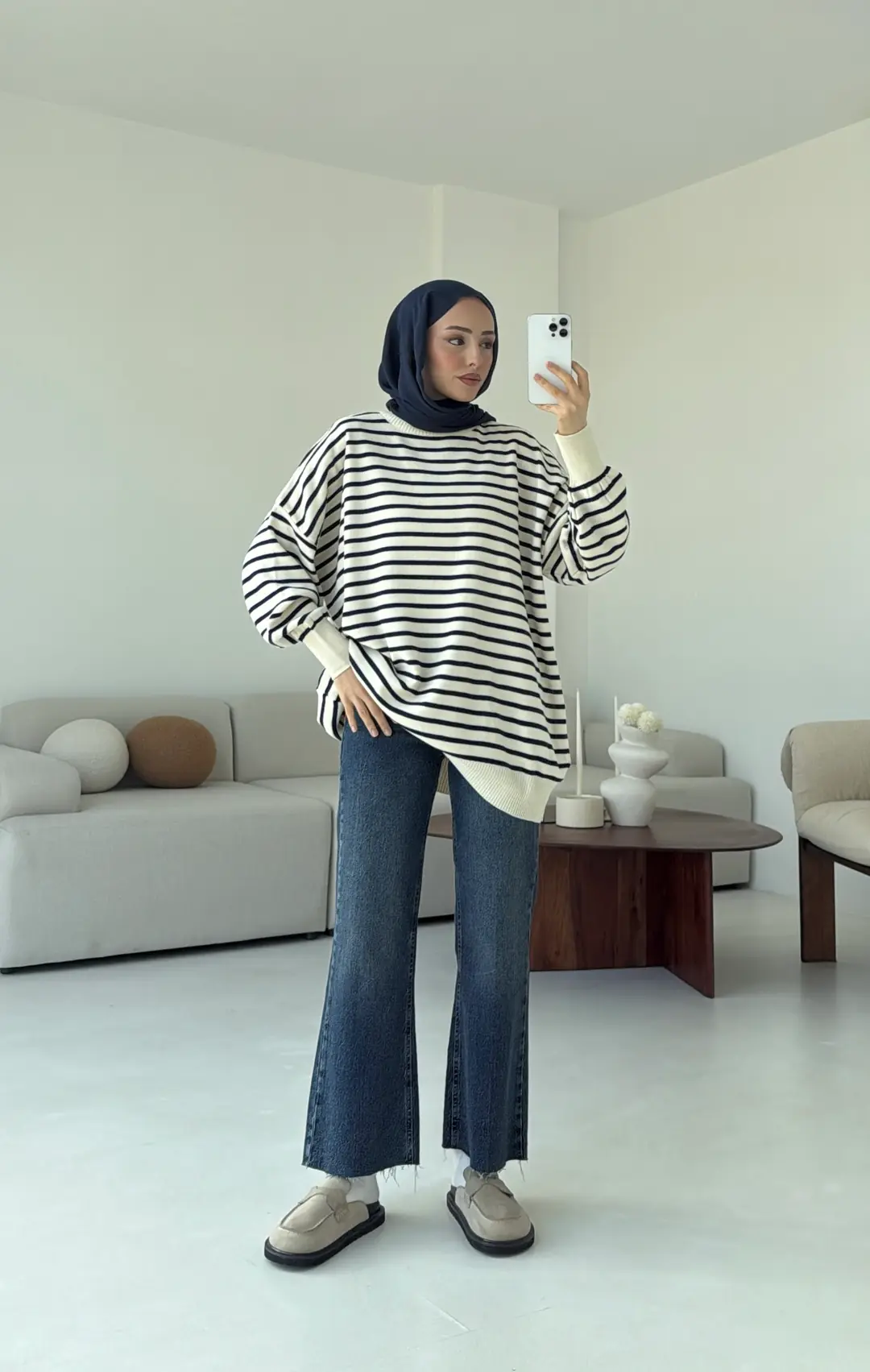 Çizgili Triko Kazak Ekru - Görsel 10