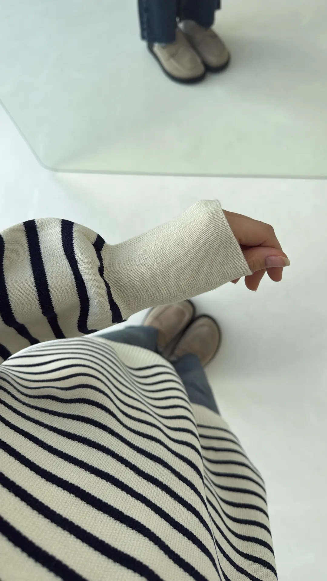 Çizgili Triko Kazak Ekru - Görsel 2