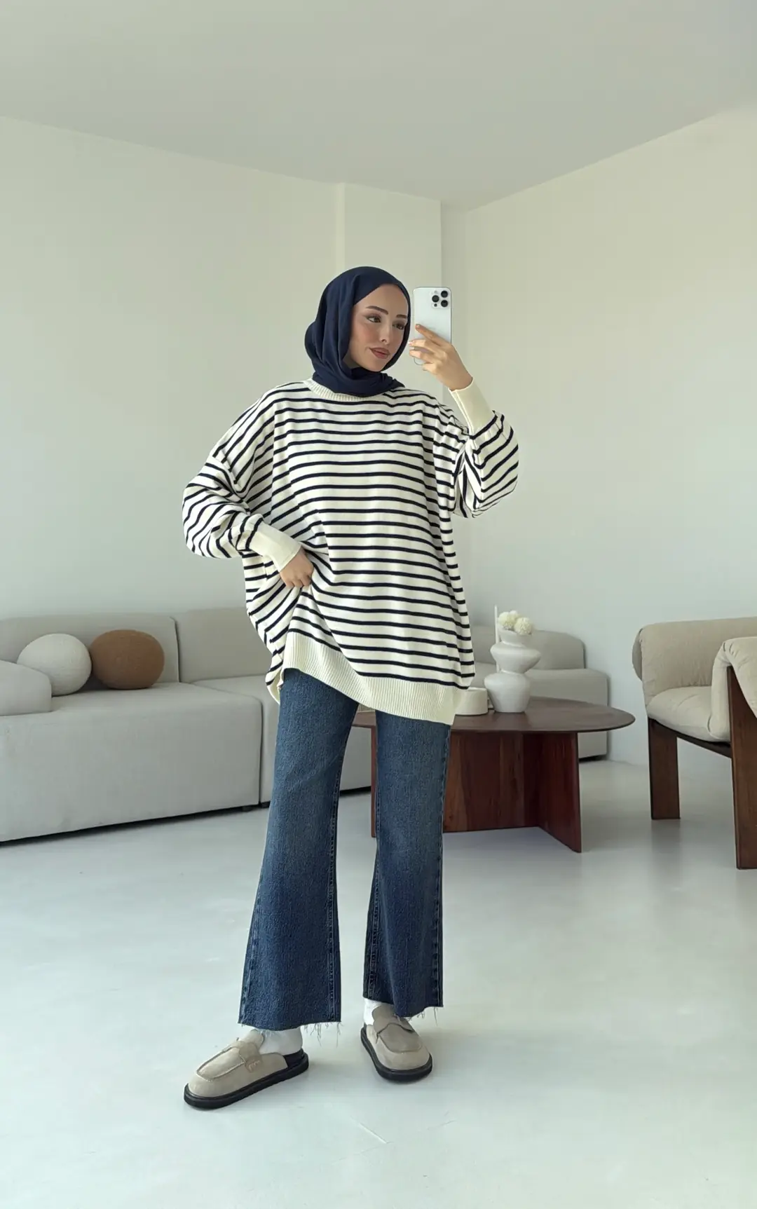 Çizgili Triko Kazak Ekru - Görsel 3